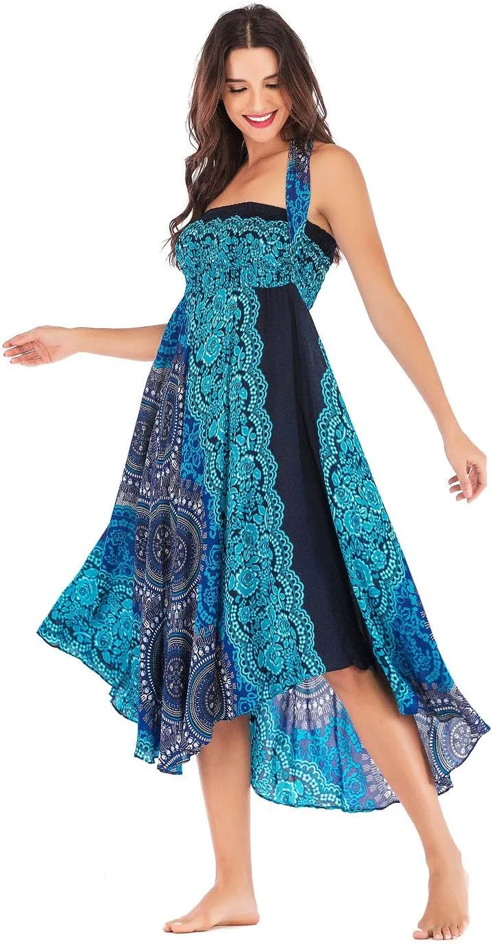 Women's Flowing Bohemian Dress High Waist A-Line Long Skirt Original Two Layer Printed Wrap Around Skirts