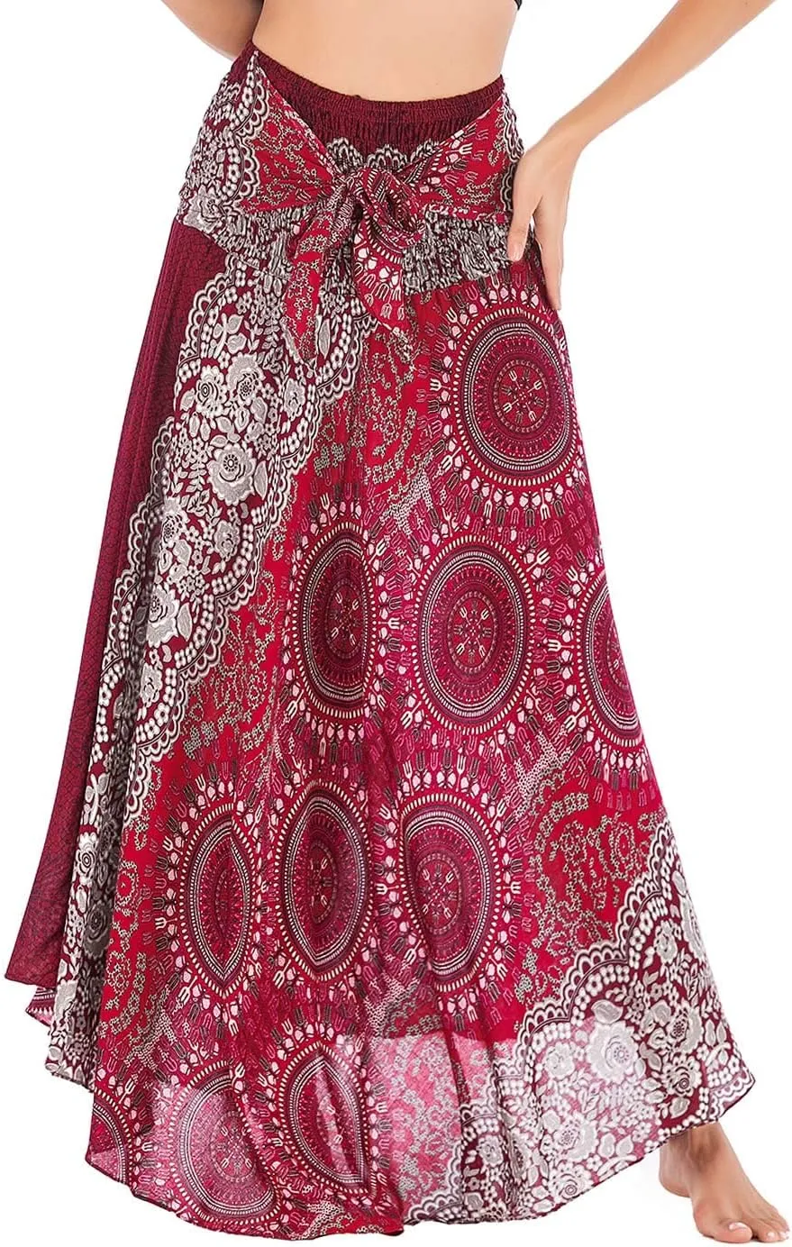 Women's Flowing Bohemian Dress High Waist A-Line Long Skirt Original Two Layer Printed Wrap Around Skirts