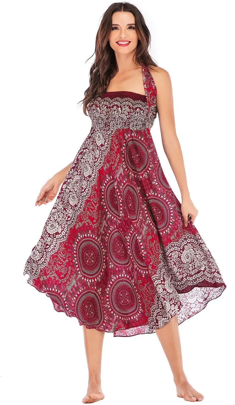 Women's Flowing Bohemian Dress High Waist A-Line Long Skirt Original Two Layer Printed Wrap Around Skirts