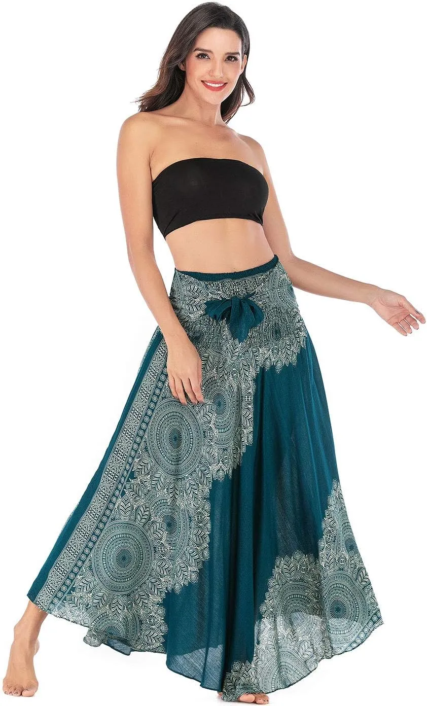 Women's Flowing Bohemian Dress High Waist A-Line Long Skirt Original Two Layer Printed Wrap Around Skirts