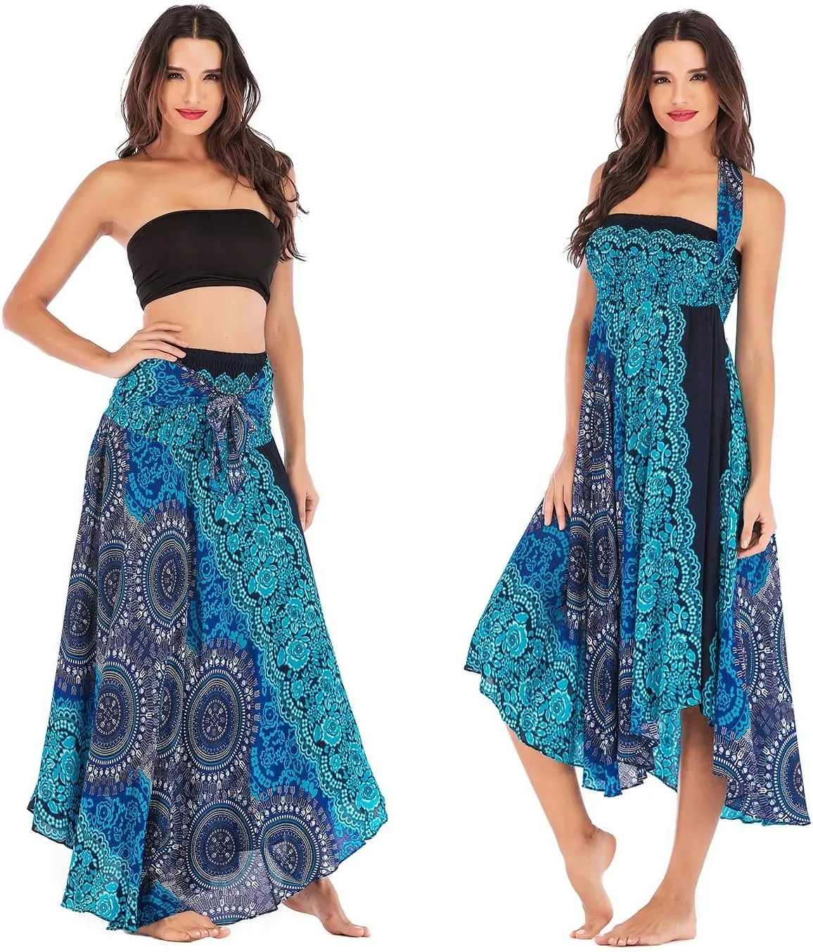 Women's Flowing Bohemian Dress High Waist A-Line Long Skirt Original Two Layer Printed Wrap Around Skirts