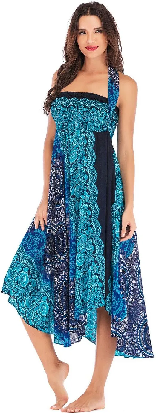 Women's Flowing Bohemian Dress High Waist A-Line Long Skirt Original Two Layer Printed Wrap Around Skirts
