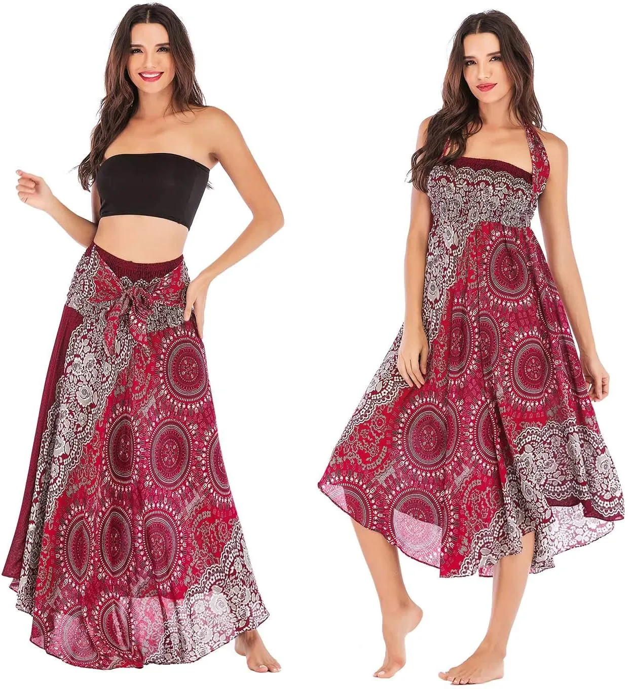 Women's Flowing Bohemian Dress High Waist A-Line Long Skirt Original Two Layer Printed Wrap Around Skirts