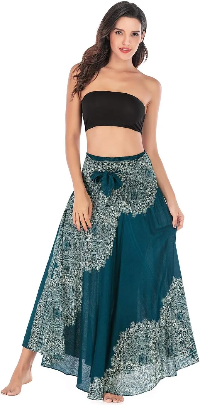 Women's Flowing Bohemian Dress High Waist A-Line Long Skirt Original Two Layer Printed Wrap Around Skirts