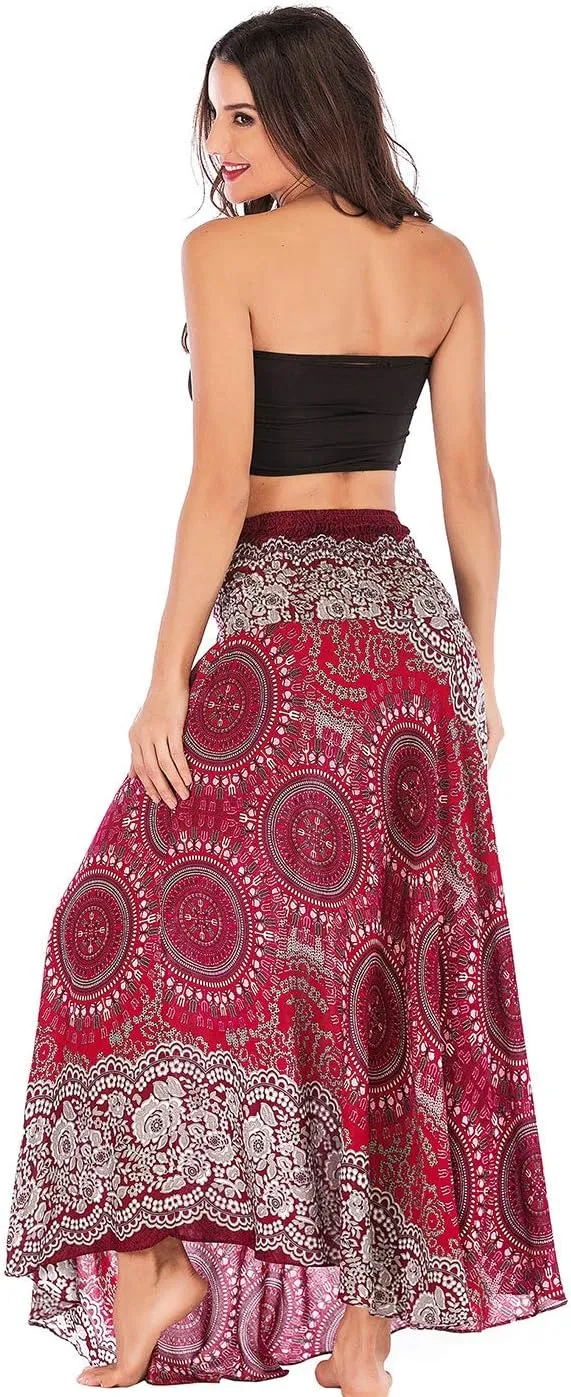 Women's Flowing Bohemian Dress High Waist A-Line Long Skirt Original Two Layer Printed Wrap Around Skirts