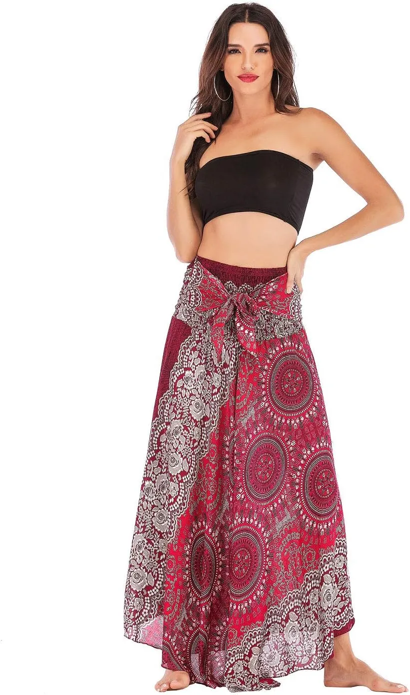 Women's Flowing Bohemian Dress High Waist A-Line Long Skirt Original Two Layer Printed Wrap Around Skirts
