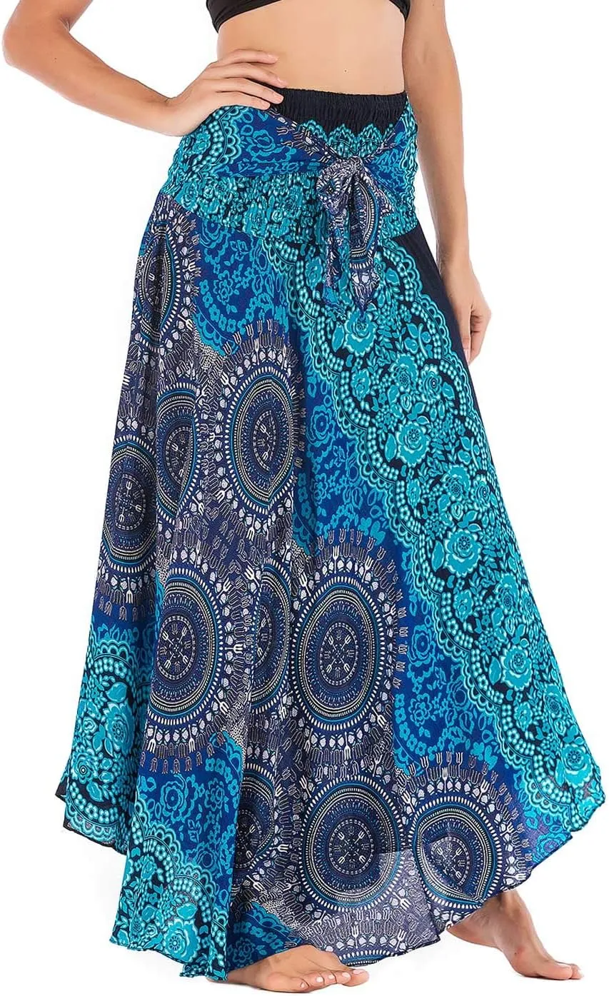 Women's Flowing Bohemian Dress High Waist A-Line Long Skirt Original Two Layer Printed Wrap Around Skirts