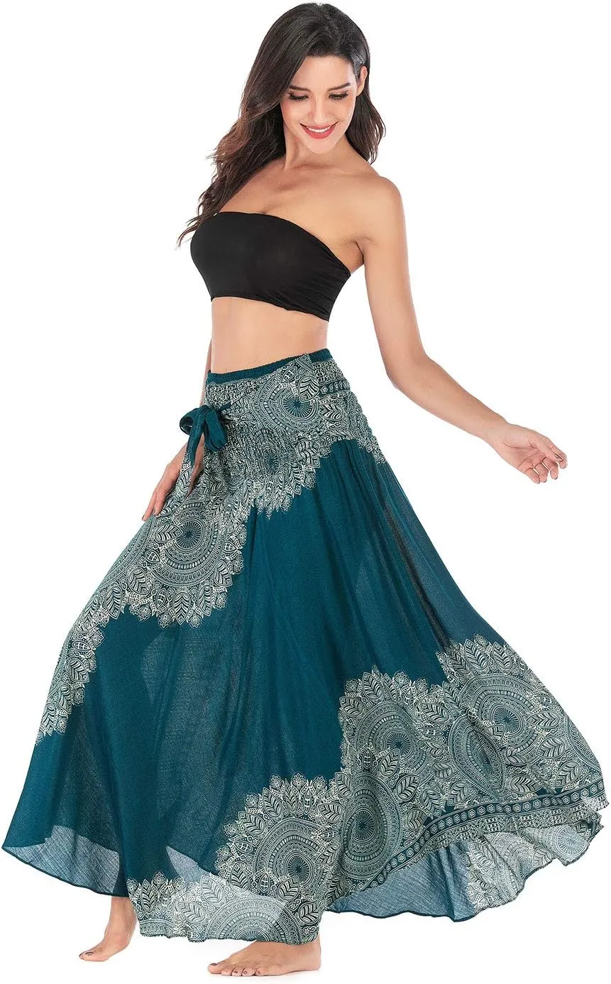 Women's Flowing Bohemian Dress High Waist A-Line Long Skirt Original Two Layer Printed Wrap Around Skirts