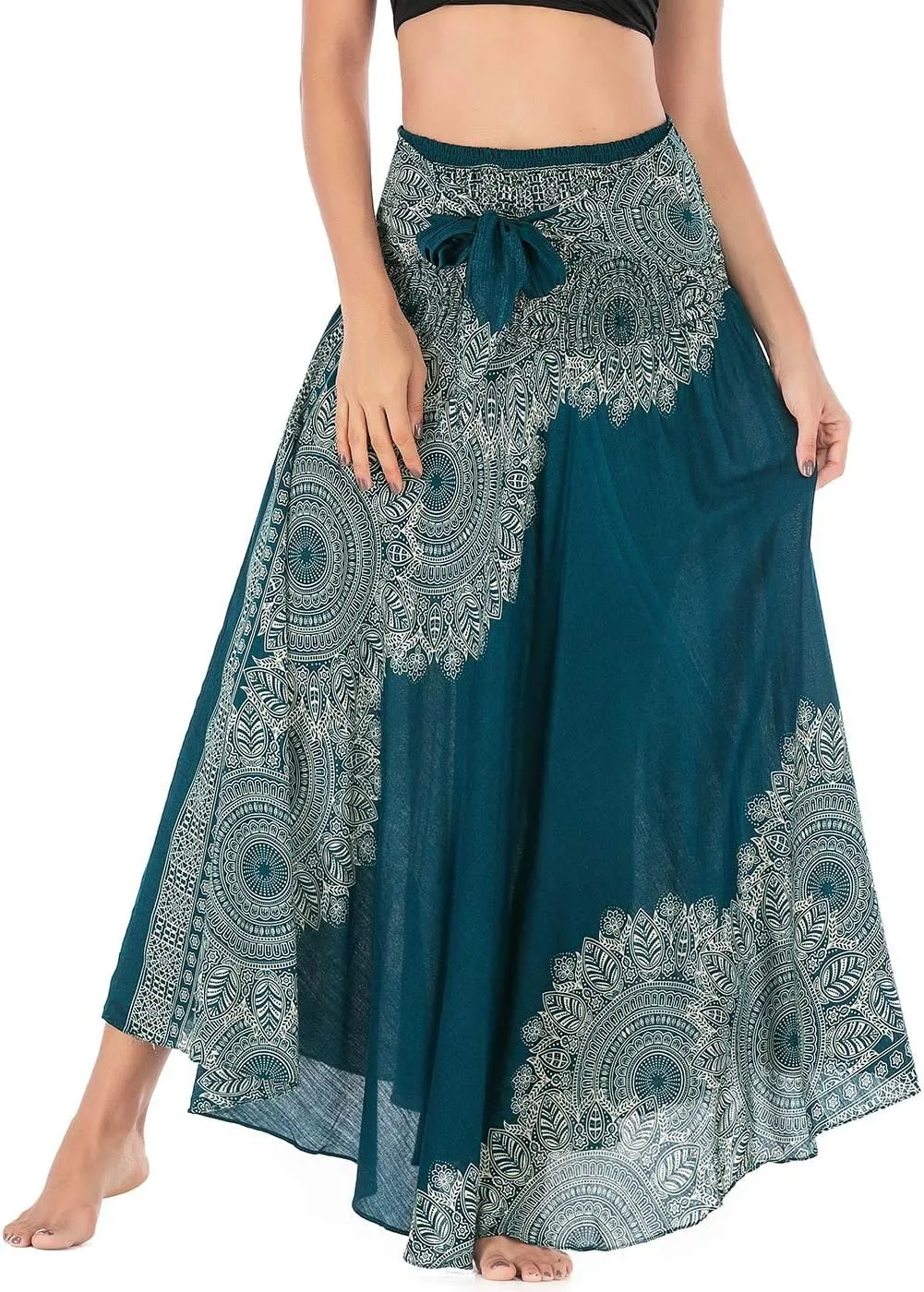 Women's Flowing Bohemian Dress High Waist A-Line Long Skirt Original Two Layer Printed Wrap Around Skirts