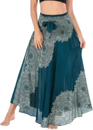 Women's Flowing Bohemian Dress High Waist A-Line Long Skirt Original Two Layer Printed Wrap Around Skirts
