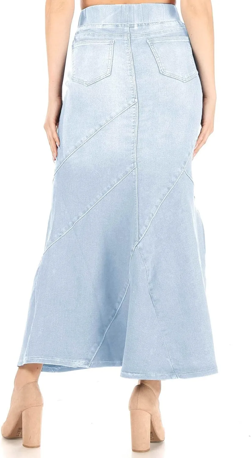 Women's Juniors/Plus Size Elastic Waist Mermaid Shape Stretch Denim Long Skirt