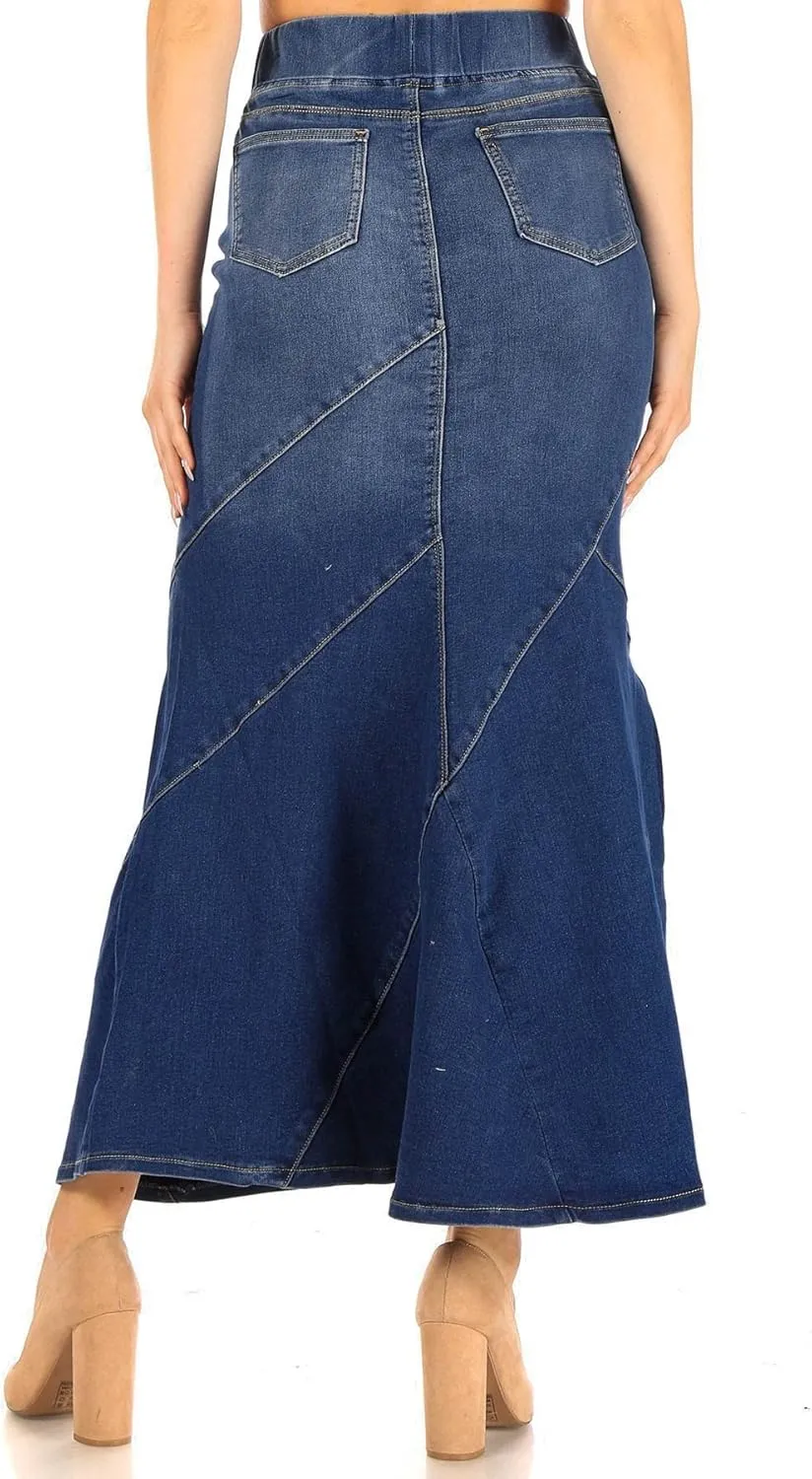 Women's Juniors/Plus Size Elastic Waist Mermaid Shape Stretch Denim Long Skirt