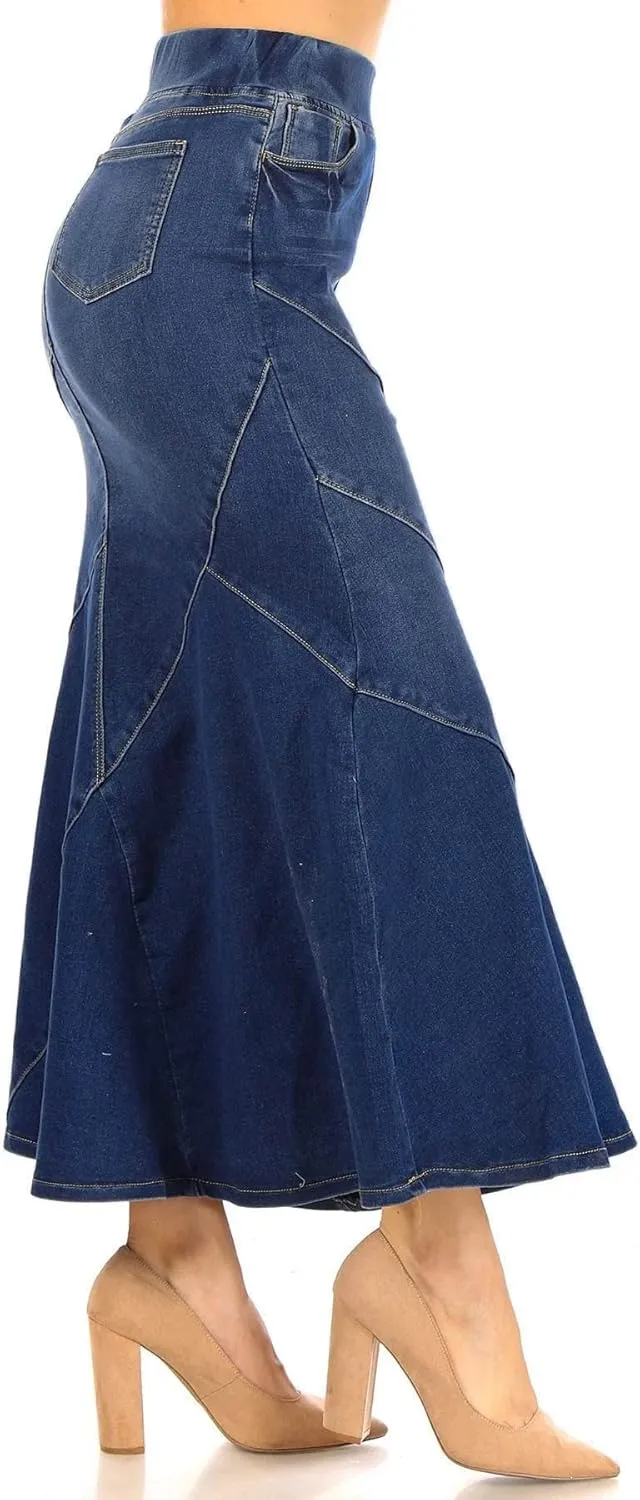 Women's Juniors/Plus Size Elastic Waist Mermaid Shape Stretch Denim Long Skirt