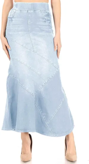 Women's Juniors/Plus Size Elastic Waist Mermaid Shape Stretch Denim Long Skirt