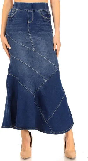 Women's Juniors/Plus Size Elastic Waist Mermaid Shape Stretch Denim Long Skirt