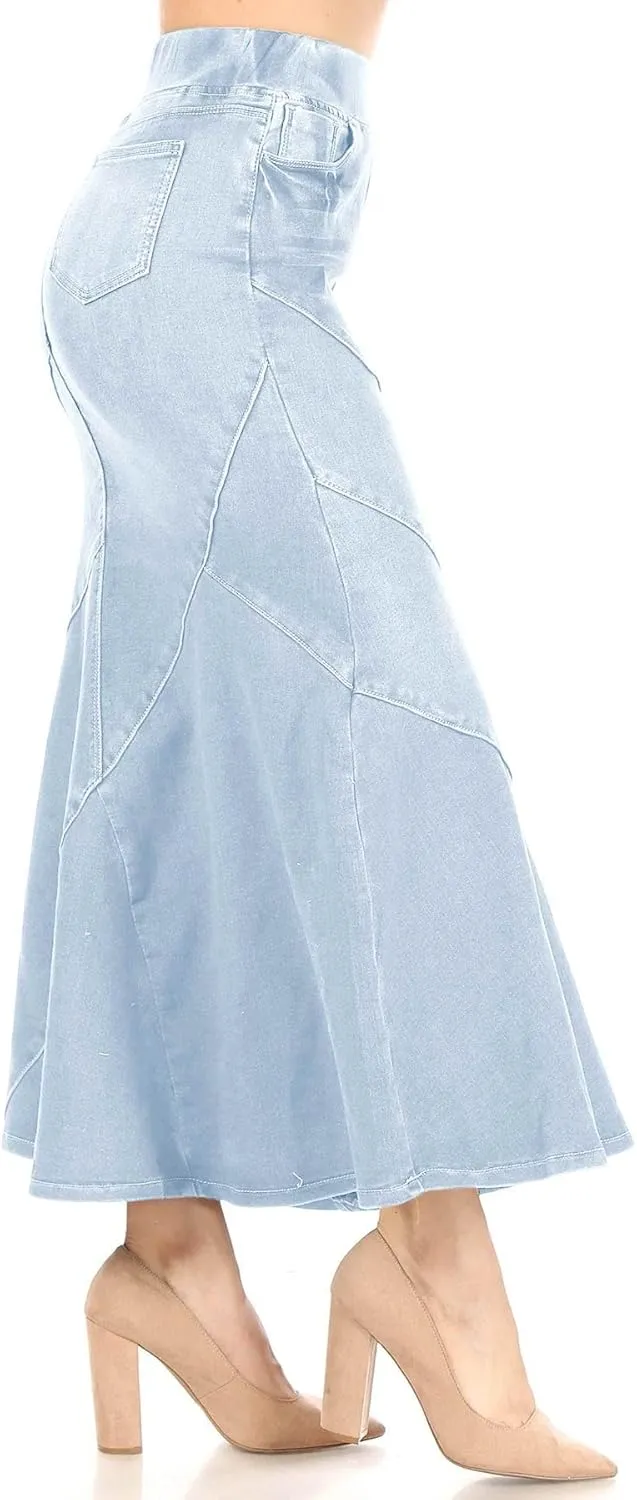Women's Juniors/Plus Size Elastic Waist Mermaid Shape Stretch Denim Long Skirt