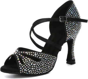 Women's Latin Dance Shoes with Rhinestones Open Toe Ballroom Salsa Performance Dancing Shoes