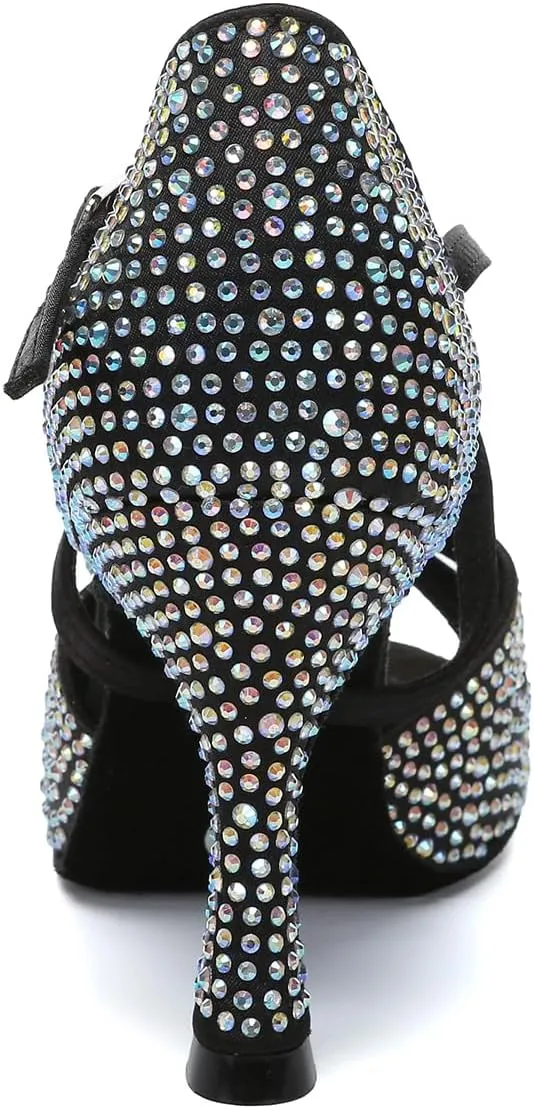 Women's Latin Dance Shoes with Rhinestones Open Toe Ballroom Salsa Performance Dancing Shoes