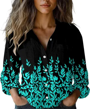Womens Linen Button Down Shirts 2025 Floral Printed V Neck Long Sleeve Blouse Collared Boho Shirt Tops with Pocket