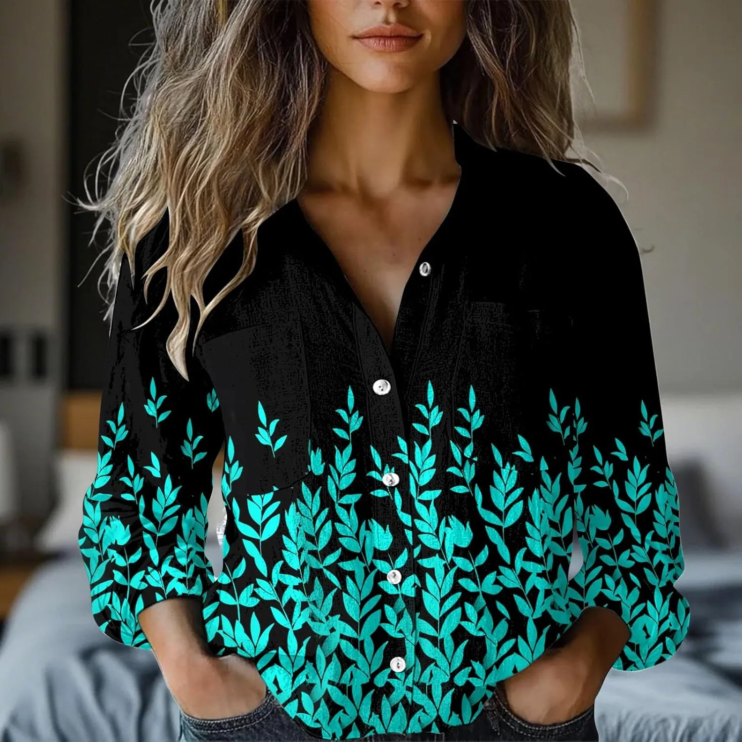 Womens Linen Button Down Shirts 2025 Floral Printed V Neck Long Sleeve Blouse Collared Boho Shirt Tops with Pocket