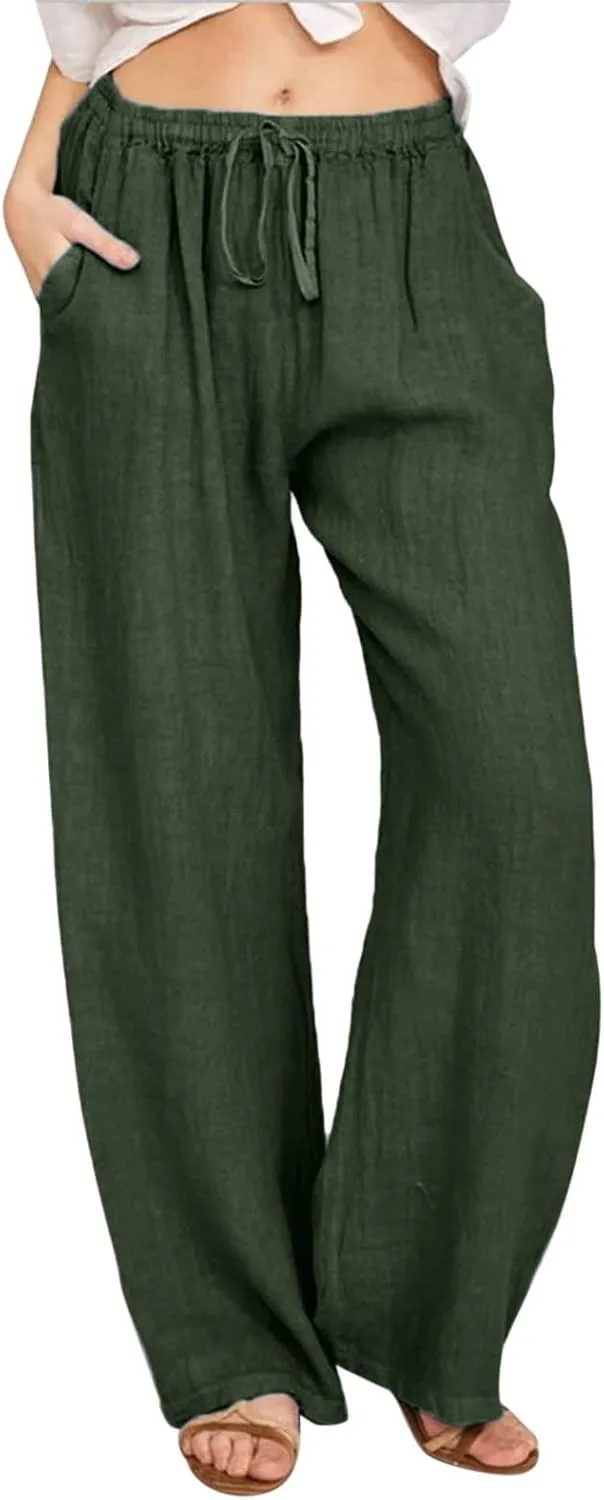 Women's Linen Pants Flowy Drawstring Wide Leg Palazzo Pants Summer Casual Loose Beach Travel Trousers with Pockets