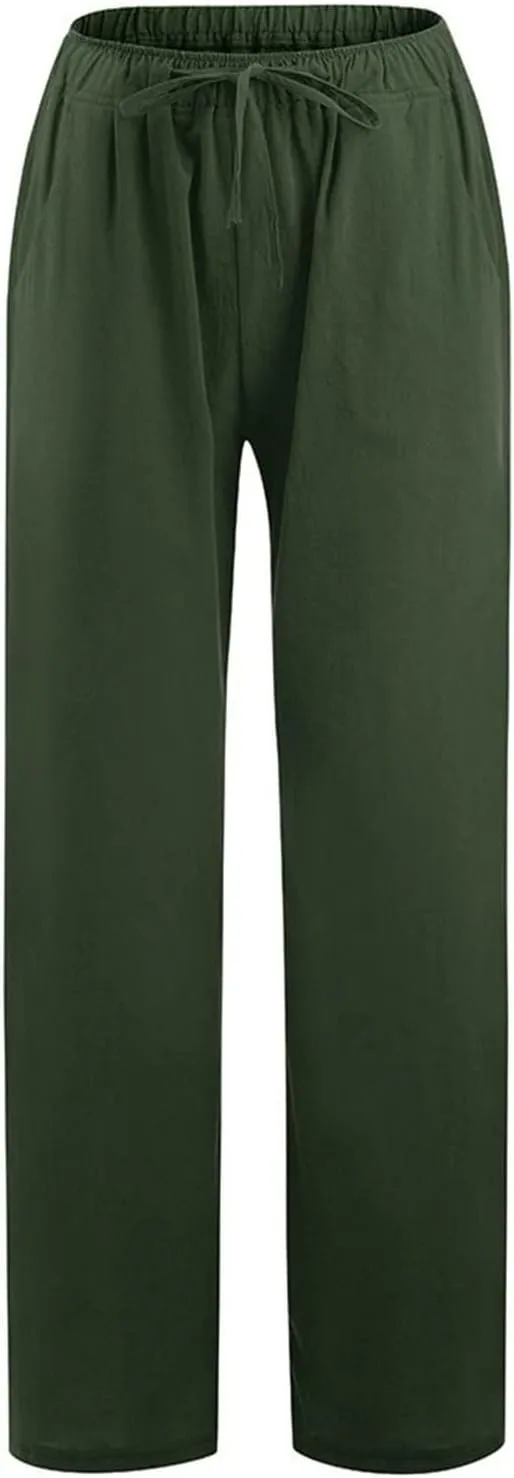 Women's Linen Pants Flowy Drawstring Wide Leg Palazzo Pants Summer Casual Loose Beach Travel Trousers with Pockets