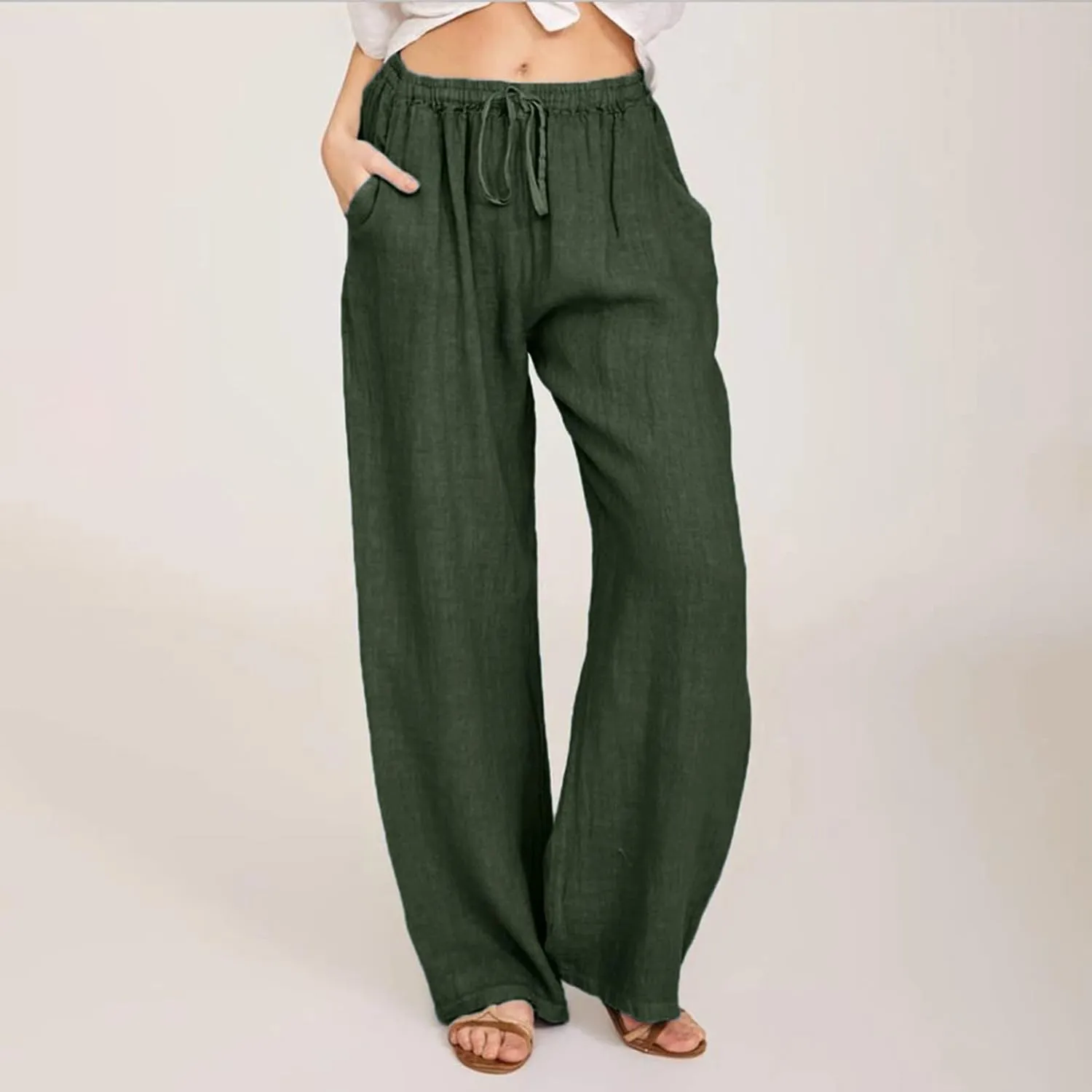Women's Linen Pants Flowy Drawstring Wide Leg Palazzo Pants Summer Casual Loose Beach Travel Trousers with Pockets