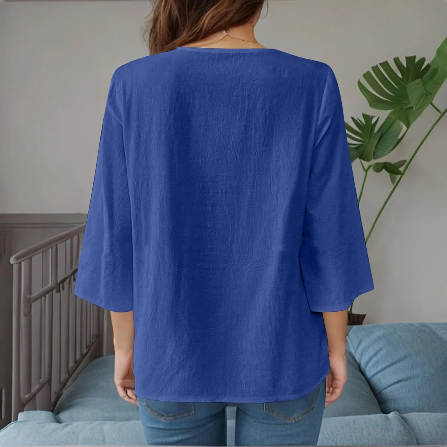 Women's Linen Shirts Dressy 3/4 Sleeve V Neck Cotton Blouses Casual Loose Lace Tunic Tops Summer Vacation Outfits