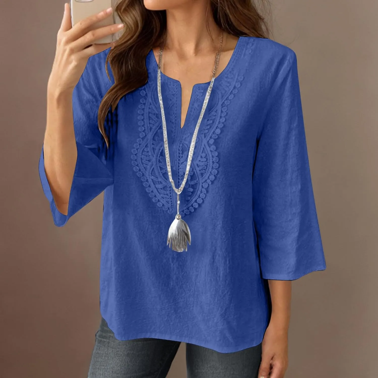 Women's Linen Shirts Dressy 3/4 Sleeve V Neck Cotton Blouses Casual Loose Lace Tunic Tops Summer Vacation Outfits