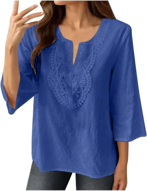 Women's Linen Shirts Dressy 3/4 Sleeve V Neck Cotton Blouses Casual Loose Lace Tunic Tops Summer Vacation Outfits