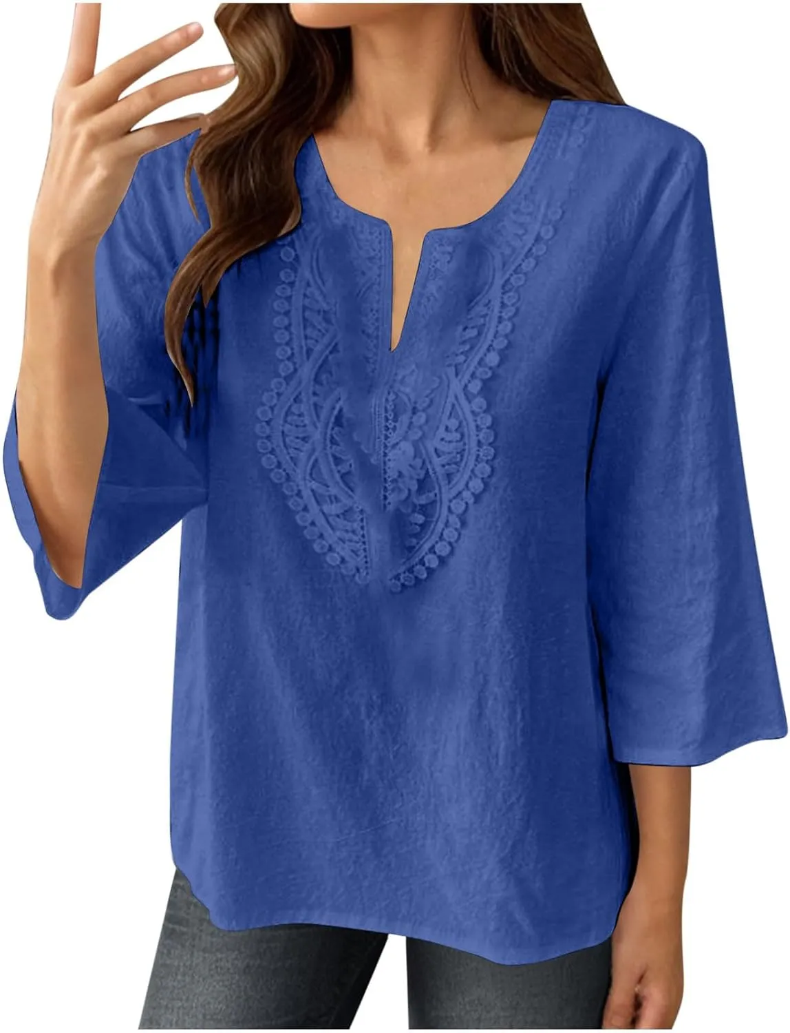 Women's Linen Shirts Dressy 3/4 Sleeve V Neck Cotton Blouses Casual Loose Lace Tunic Tops Summer Vacation Outfits