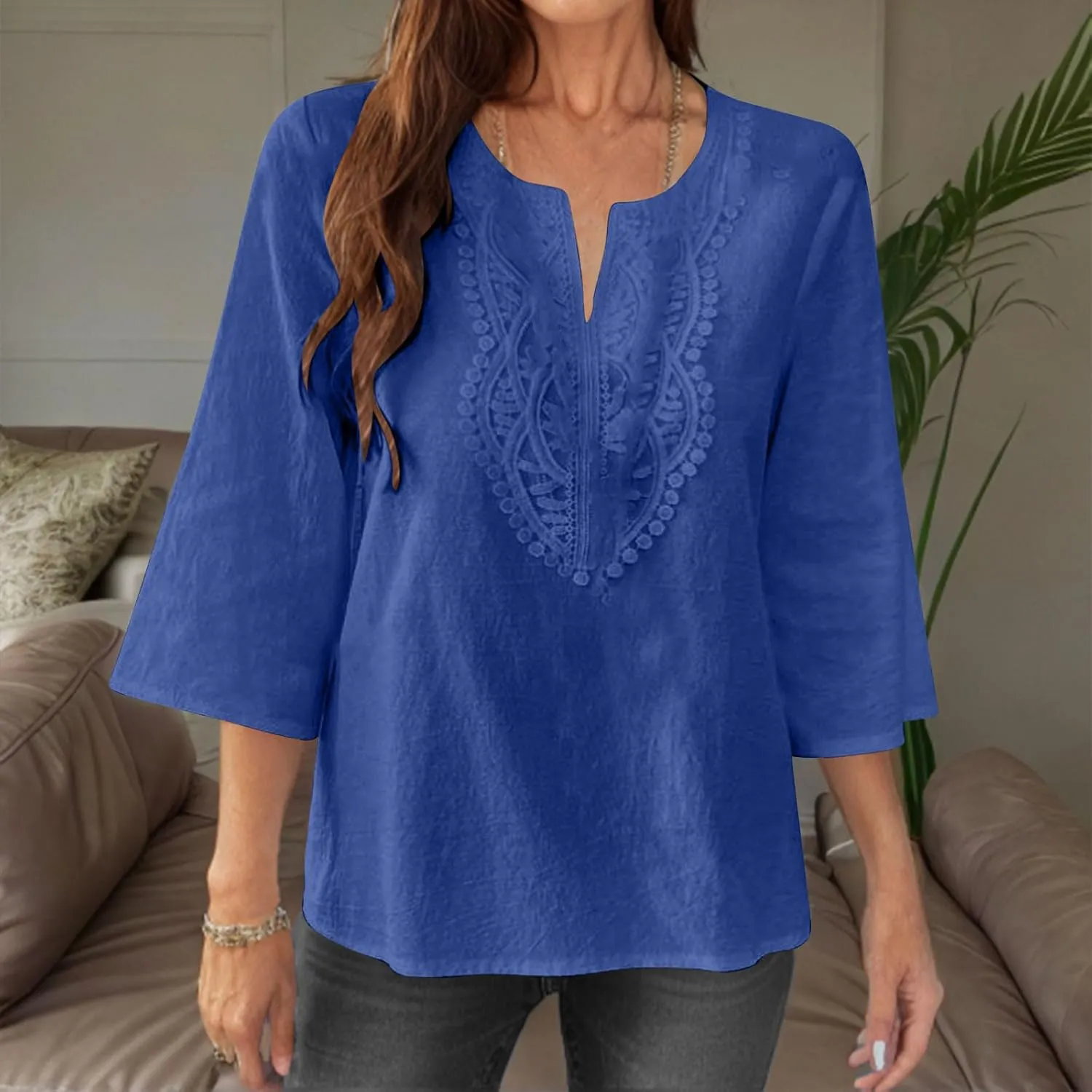 Women's Linen Shirts Dressy 3/4 Sleeve V Neck Cotton Blouses Casual Loose Lace Tunic Tops Summer Vacation Outfits