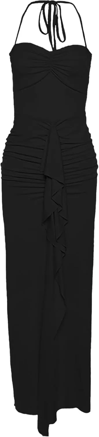 Womens Maxi Dress Ruffles Tassel Halter Backless Open Split Ruched Peach Hip Bodycon Wedding Evening Party Holiday Dress