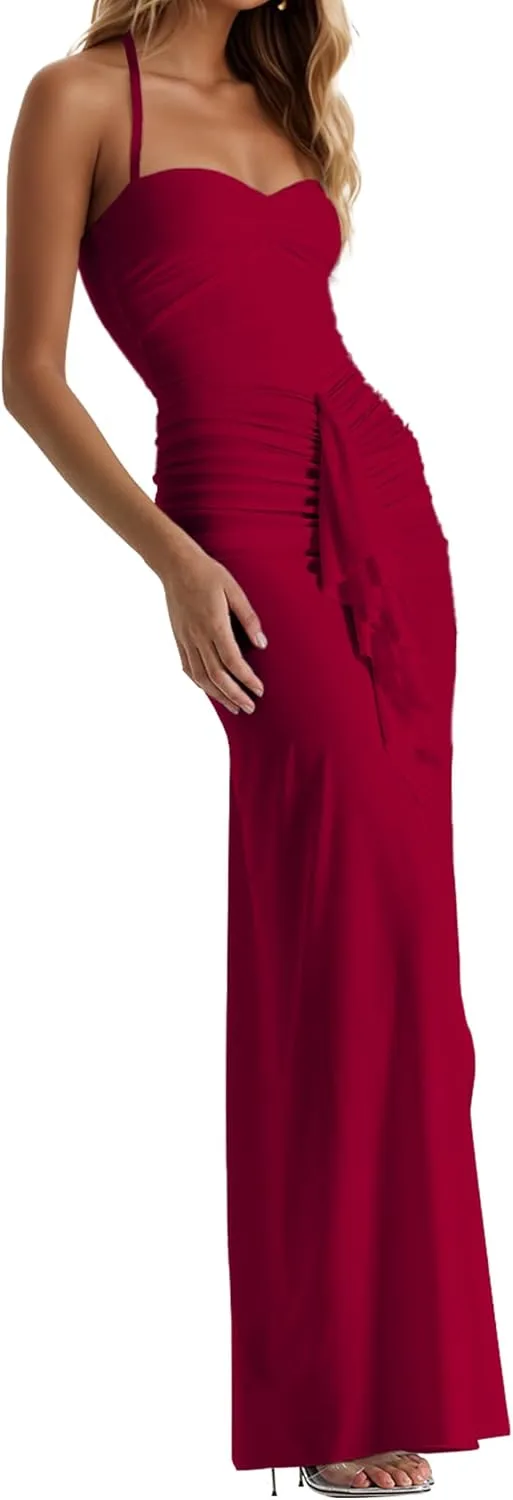 Womens Maxi Dress Ruffles Tassel Halter Backless Open Split Ruched Peach Hip Bodycon Wedding Evening Party Holiday Dress