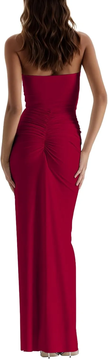 Womens Maxi Dress Ruffles Tassel Halter Backless Open Split Ruched Peach Hip Bodycon Wedding Evening Party Holiday Dress