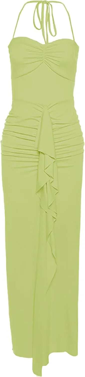 Womens Maxi Dress Ruffles Tassel Halter Backless Open Split Ruched Peach Hip Bodycon Wedding Evening Party Holiday Dress