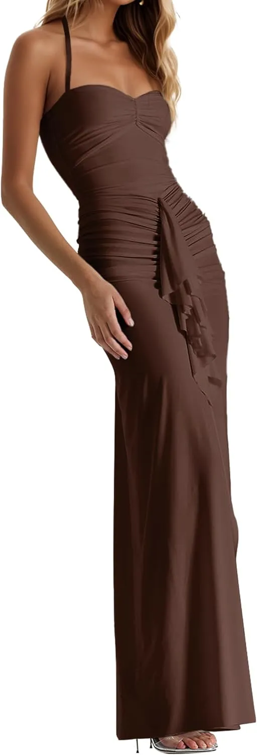 Womens Maxi Dress Ruffles Tassel Halter Backless Open Split Ruched Peach Hip Bodycon Wedding Evening Party Holiday Dress