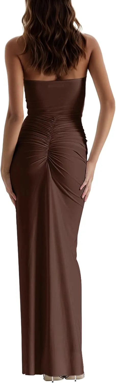 Womens Maxi Dress Ruffles Tassel Halter Backless Open Split Ruched Peach Hip Bodycon Wedding Evening Party Holiday Dress