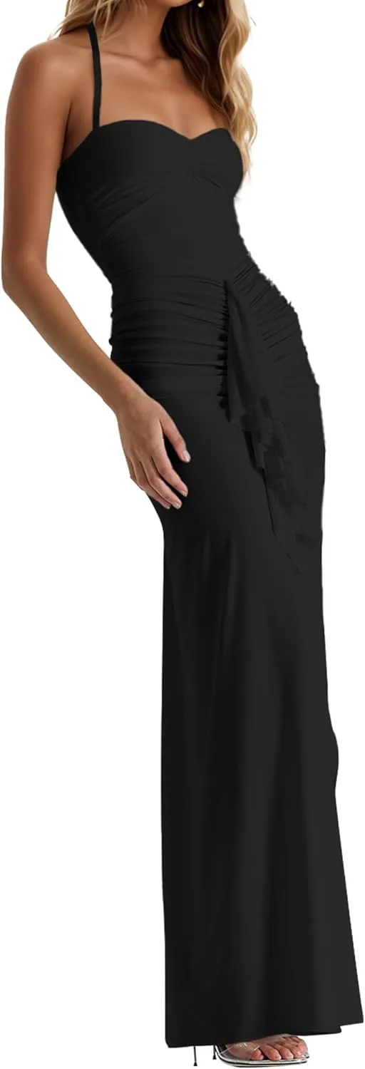 Womens Maxi Dress Ruffles Tassel Halter Backless Open Split Ruched Peach Hip Bodycon Wedding Evening Party Holiday Dress