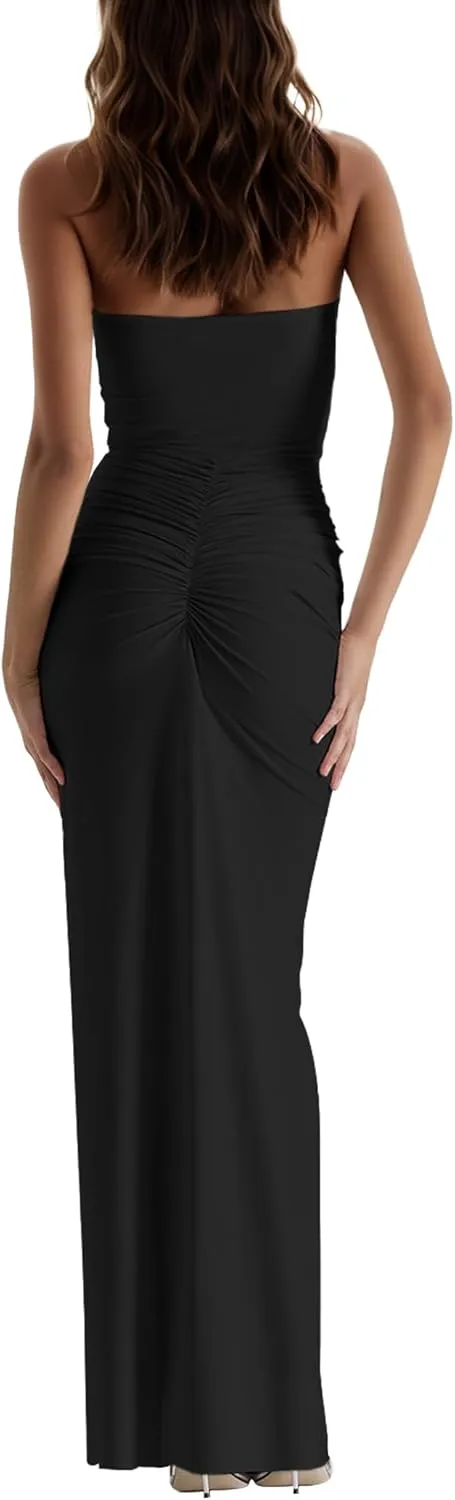 Womens Maxi Dress Ruffles Tassel Halter Backless Open Split Ruched Peach Hip Bodycon Wedding Evening Party Holiday Dress