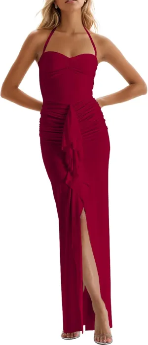 Womens Maxi Dress Ruffles Tassel Halter Backless Open Split Ruched Peach Hip Bodycon Wedding Evening Party Holiday Dress