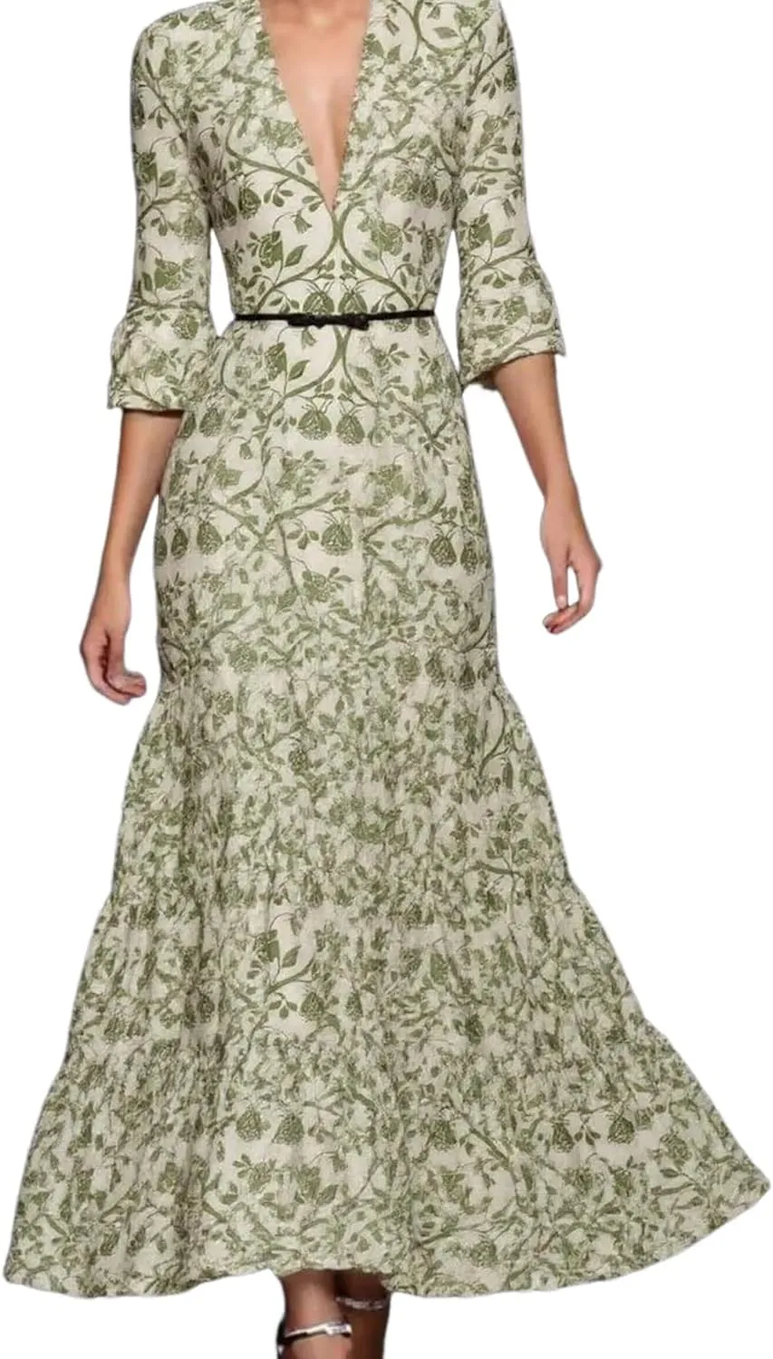 Womens Maxi Dress V-Neck 3/4 Sleeve Floral Print Belted Elegant Vintage 2025 Spring Summer Cocktail Party Dress