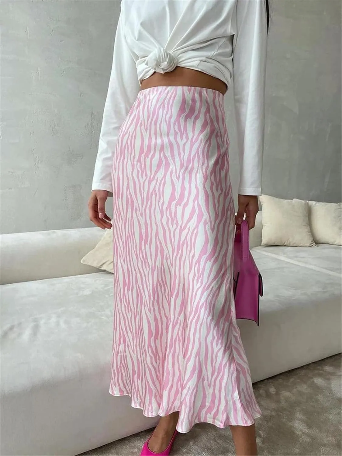 Women's Midi Skirts Elegant Contrast Printed High Waist Irregular Stripes Zipper Skirt