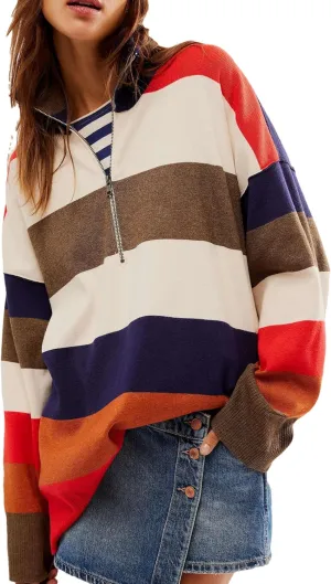 Womens Oversized Long Sleeve Sweaters Quarter Zip Pullover Hoodies Striped Color Block Sweatshirts