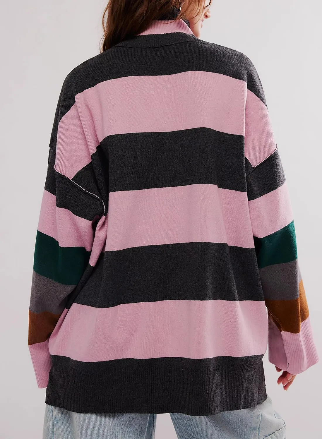 Womens Oversized Long Sleeve Sweaters Quarter Zip Pullover Hoodies Striped Color Block Sweatshirts