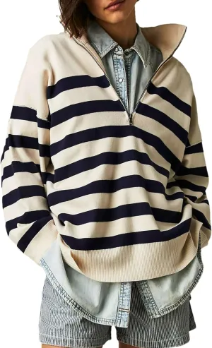 Womens Oversized Long Sleeve Sweaters Quarter Zip Pullover Hoodies Striped Color Block Sweatshirts