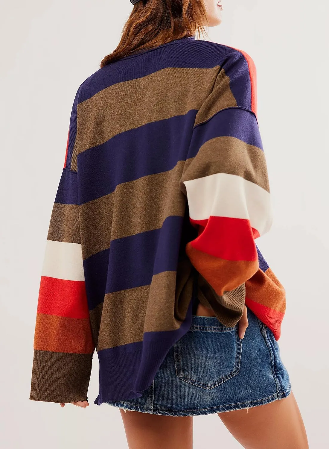 Womens Oversized Long Sleeve Sweaters Quarter Zip Pullover Hoodies Striped Color Block Sweatshirts