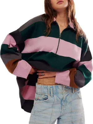 Womens Oversized Long Sleeve Sweaters Quarter Zip Pullover Hoodies Striped Color Block Sweatshirts