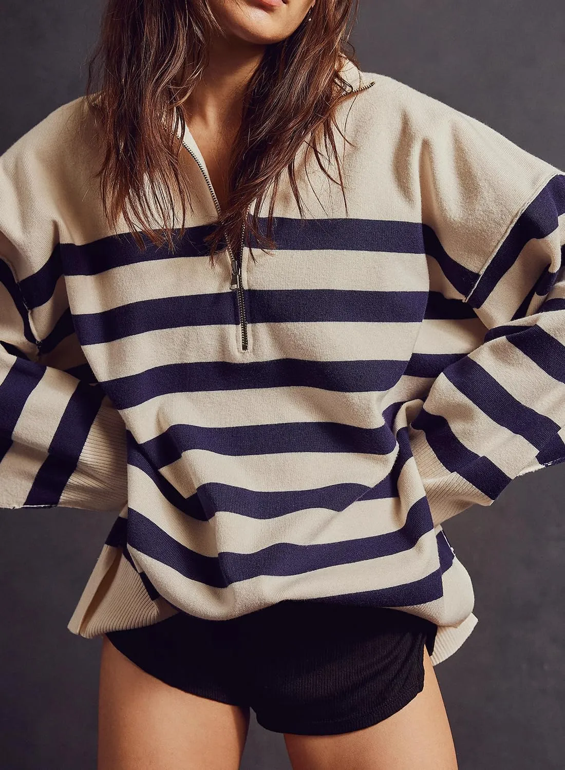 Womens Oversized Long Sleeve Sweaters Quarter Zip Pullover Hoodies Striped Color Block Sweatshirts