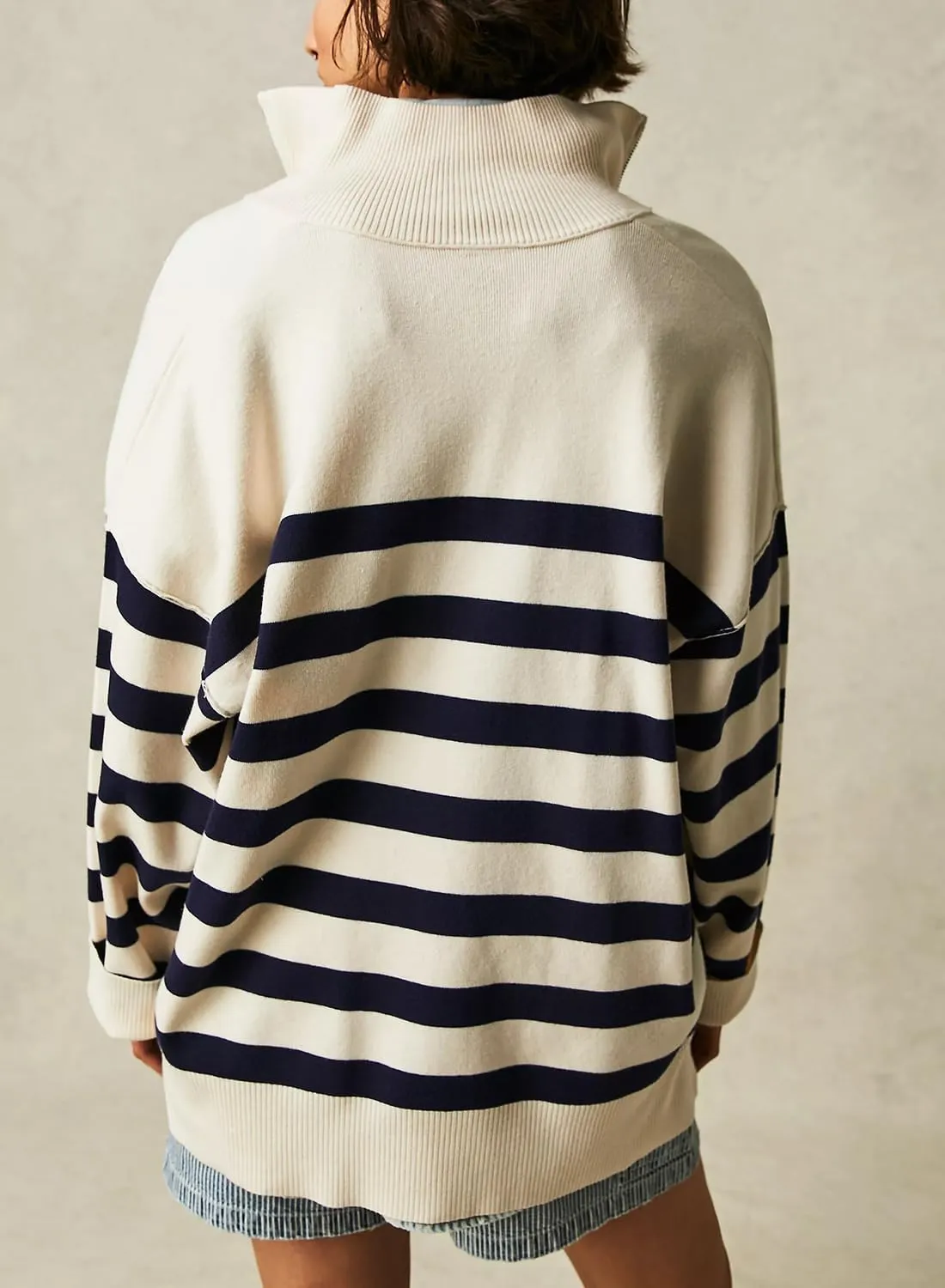 Womens Oversized Long Sleeve Sweaters Quarter Zip Pullover Hoodies Striped Color Block Sweatshirts